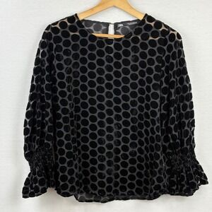 ZARA Black Velvet Polka Dot Sheer Mesh Long Sleeve Ruffle Cuff Blouse Top